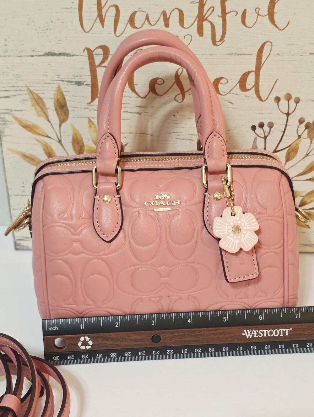 Coach Mini Rowan Crossbody Light Blush Gold CN754 + Tea Rose Coach Charm - Picture 12 of 16